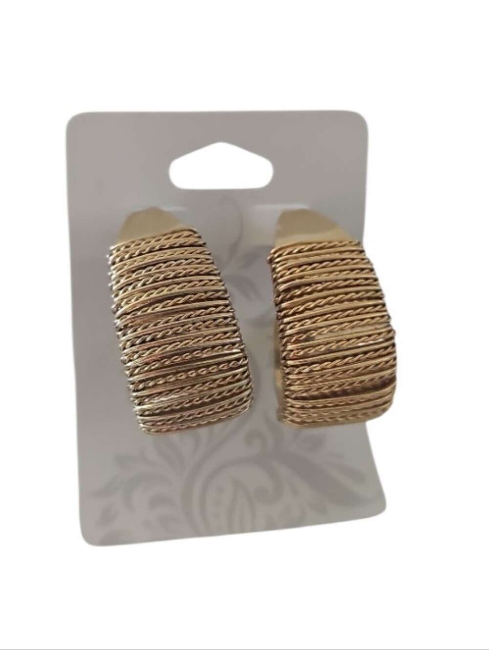 Vintage Gold Tone Ribbed Half Hoop Earrings Textured Statement 1.5” Retro Unique